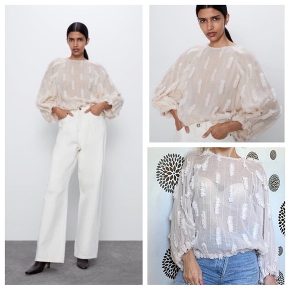 Zara Tops - Zara Structured Textured Balloon Sleeve Top Size S in Beige NWOT